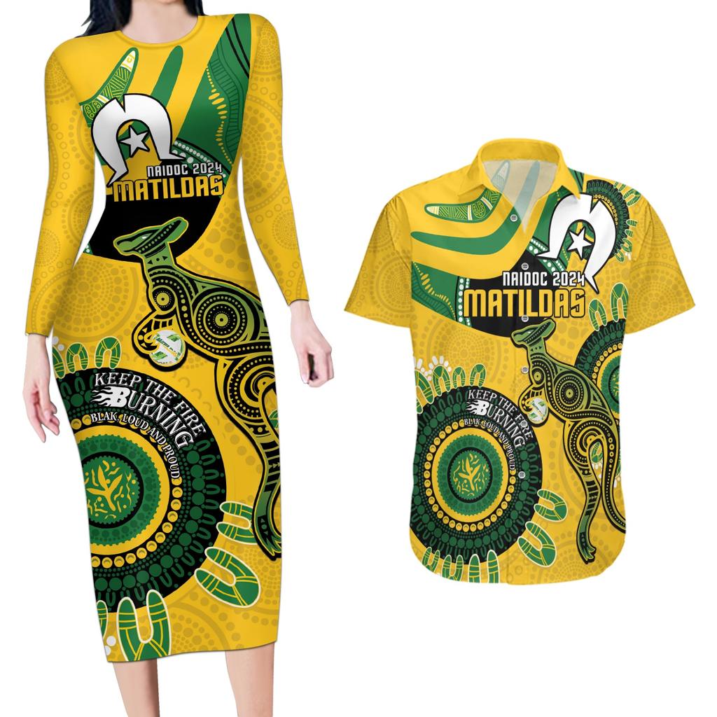 Custom Matildas NAIDOC Week Couples Matching Long Sleeve Bodycon Dress and Hawaiian Shirt Australia Kangaroo Keep The Fire Burning - Yellow