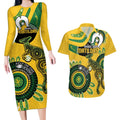 Custom Matildas NAIDOC Week Couples Matching Long Sleeve Bodycon Dress and Hawaiian Shirt Australia Kangaroo Keep The Fire Burning - Yellow