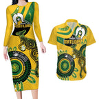 Custom Matildas NAIDOC Week Couples Matching Long Sleeve Bodycon Dress and Hawaiian Shirt Australia Kangaroo Keep The Fire Burning - Yellow