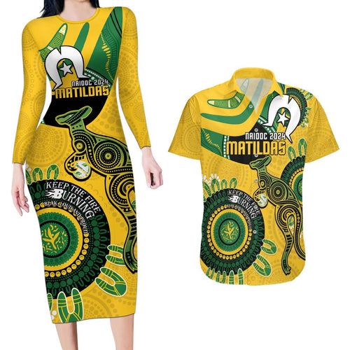 Custom Matildas NAIDOC Week Couples Matching Long Sleeve Bodycon Dress and Hawaiian Shirt Australia Kangaroo Keep The Fire Burning - Yellow