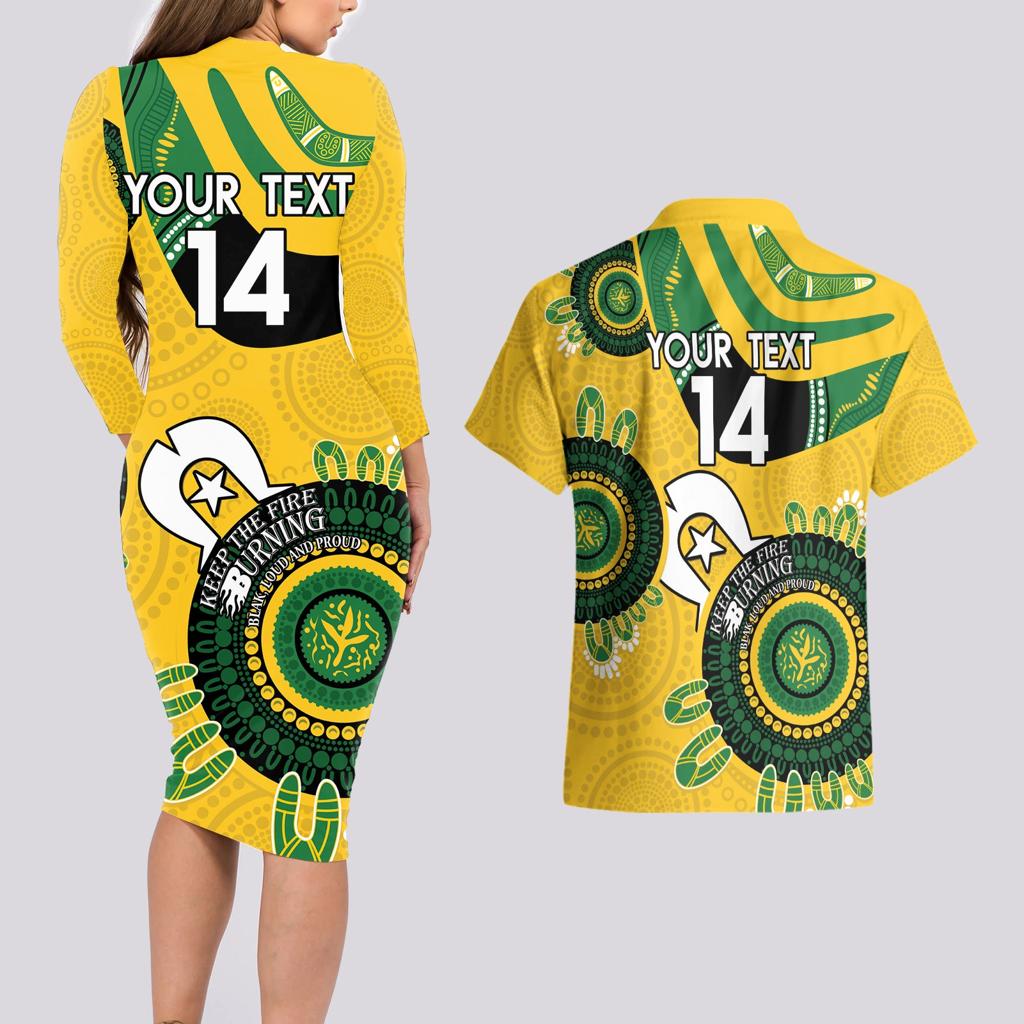 Custom Matildas NAIDOC Week Couples Matching Long Sleeve Bodycon Dress and Hawaiian Shirt Australia Kangaroo Keep The Fire Burning - Yellow