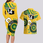 Custom Matildas NAIDOC Week Couples Matching Long Sleeve Bodycon Dress and Hawaiian Shirt Australia Kangaroo Keep The Fire Burning - Yellow