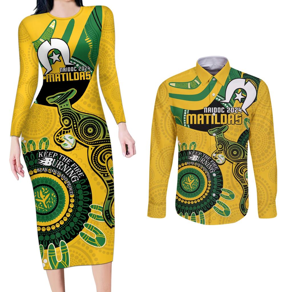Custom Matildas NAIDOC Week Couples Matching Long Sleeve Bodycon Dress and Long Sleeve Button Shirt Australia Kangaroo Keep The Fire Burning - Yellow