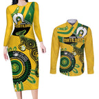 Custom Matildas NAIDOC Week Couples Matching Long Sleeve Bodycon Dress and Long Sleeve Button Shirt Australia Kangaroo Keep The Fire Burning - Yellow