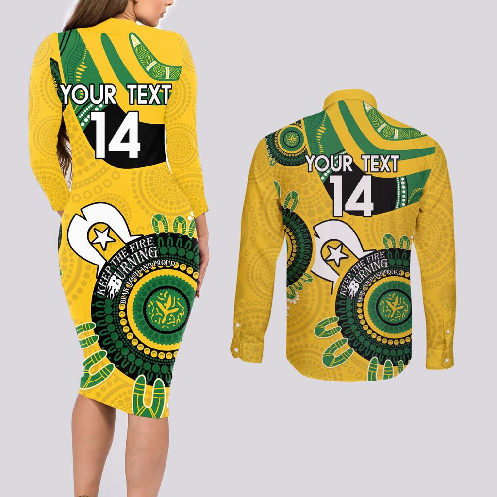 Custom Matildas NAIDOC Week Couples Matching Long Sleeve Bodycon Dress and Long Sleeve Button Shirt Australia Kangaroo Keep The Fire Burning - Yellow
