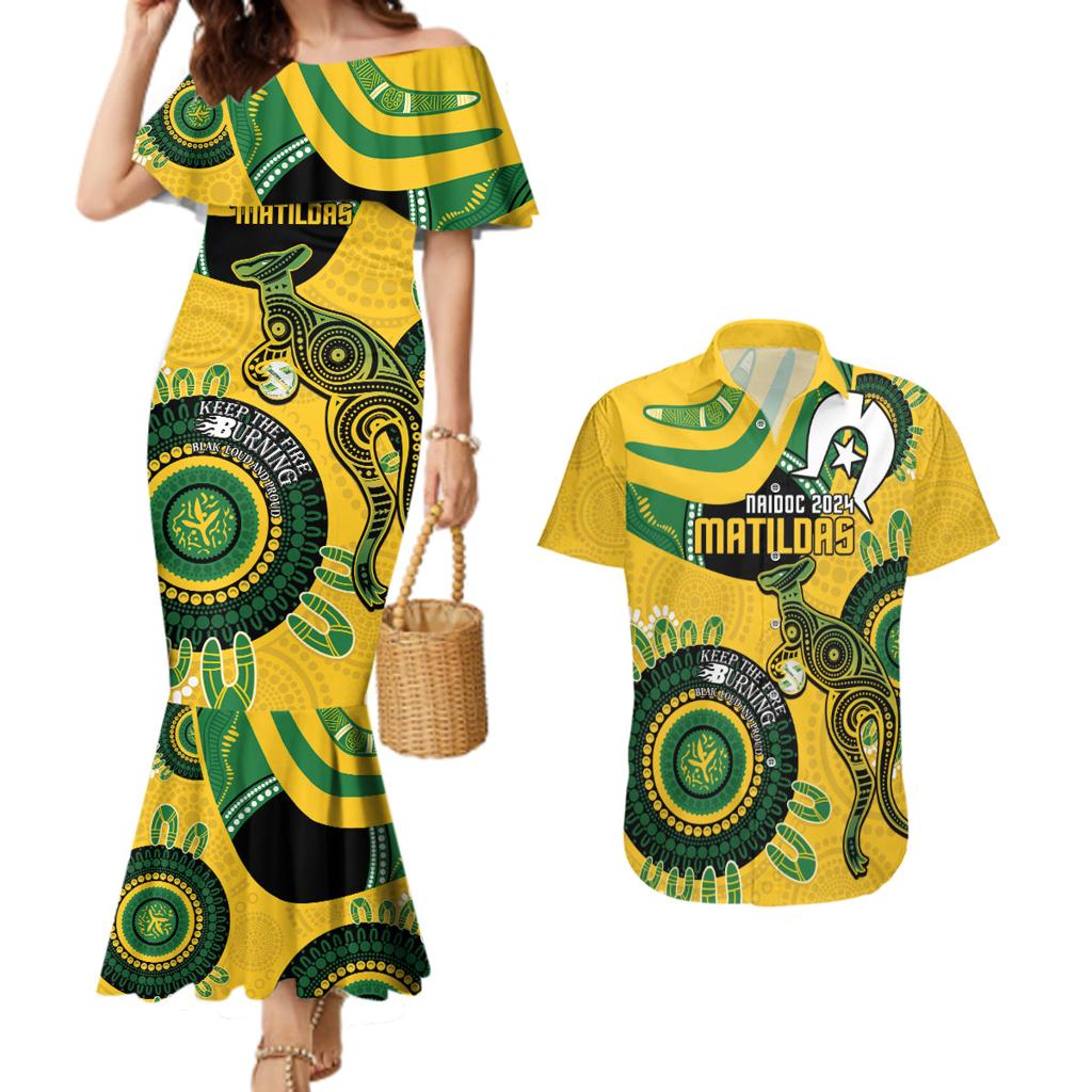 Custom Matildas NAIDOC Week Couples Matching Mermaid Dress and Hawaiian Shirt Australia Kangaroo Keep The Fire Burning - Yellow