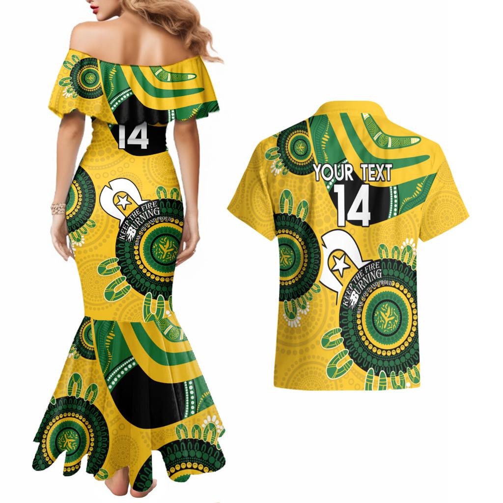 Custom Matildas NAIDOC Week Couples Matching Mermaid Dress and Hawaiian Shirt Australia Kangaroo Keep The Fire Burning - Yellow