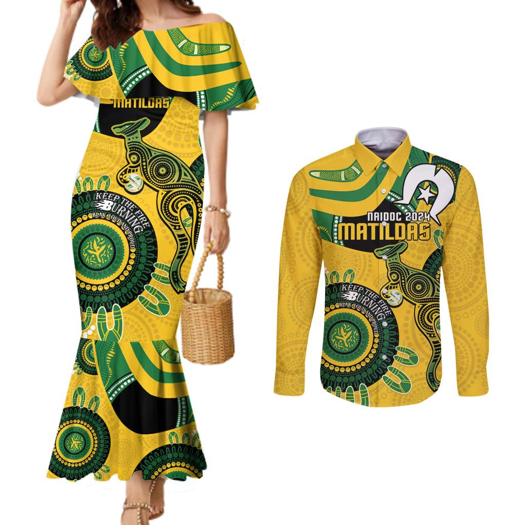 Custom Matildas NAIDOC Week Couples Matching Mermaid Dress and Long Sleeve Button Shirt Australia Kangaroo Keep The Fire Burning - Yellow