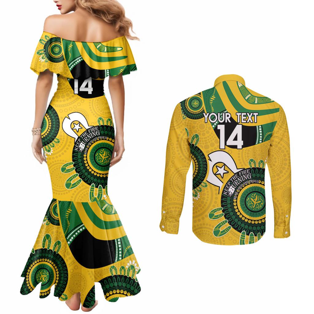 Custom Matildas NAIDOC Week Couples Matching Mermaid Dress and Long Sleeve Button Shirt Australia Kangaroo Keep The Fire Burning - Yellow