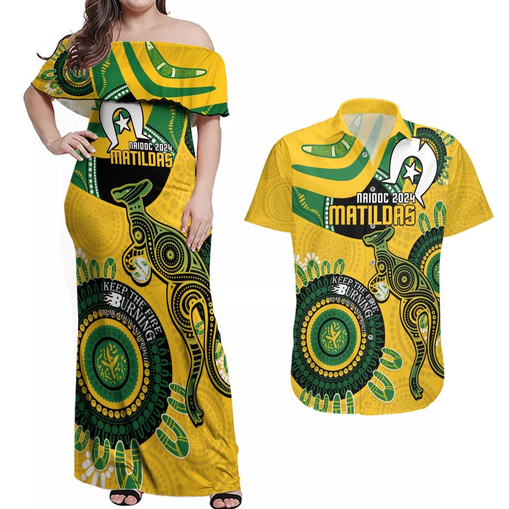 Custom Matildas NAIDOC Week Couples Matching Off Shoulder Maxi Dress and Hawaiian Shirt Australia Kangaroo Keep The Fire Burning - Yellow
