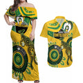 Custom Matildas NAIDOC Week Couples Matching Off Shoulder Maxi Dress and Hawaiian Shirt Australia Kangaroo Keep The Fire Burning - Yellow