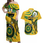 Custom Matildas NAIDOC Week Couples Matching Off Shoulder Maxi Dress and Hawaiian Shirt Australia Kangaroo Keep The Fire Burning - Yellow