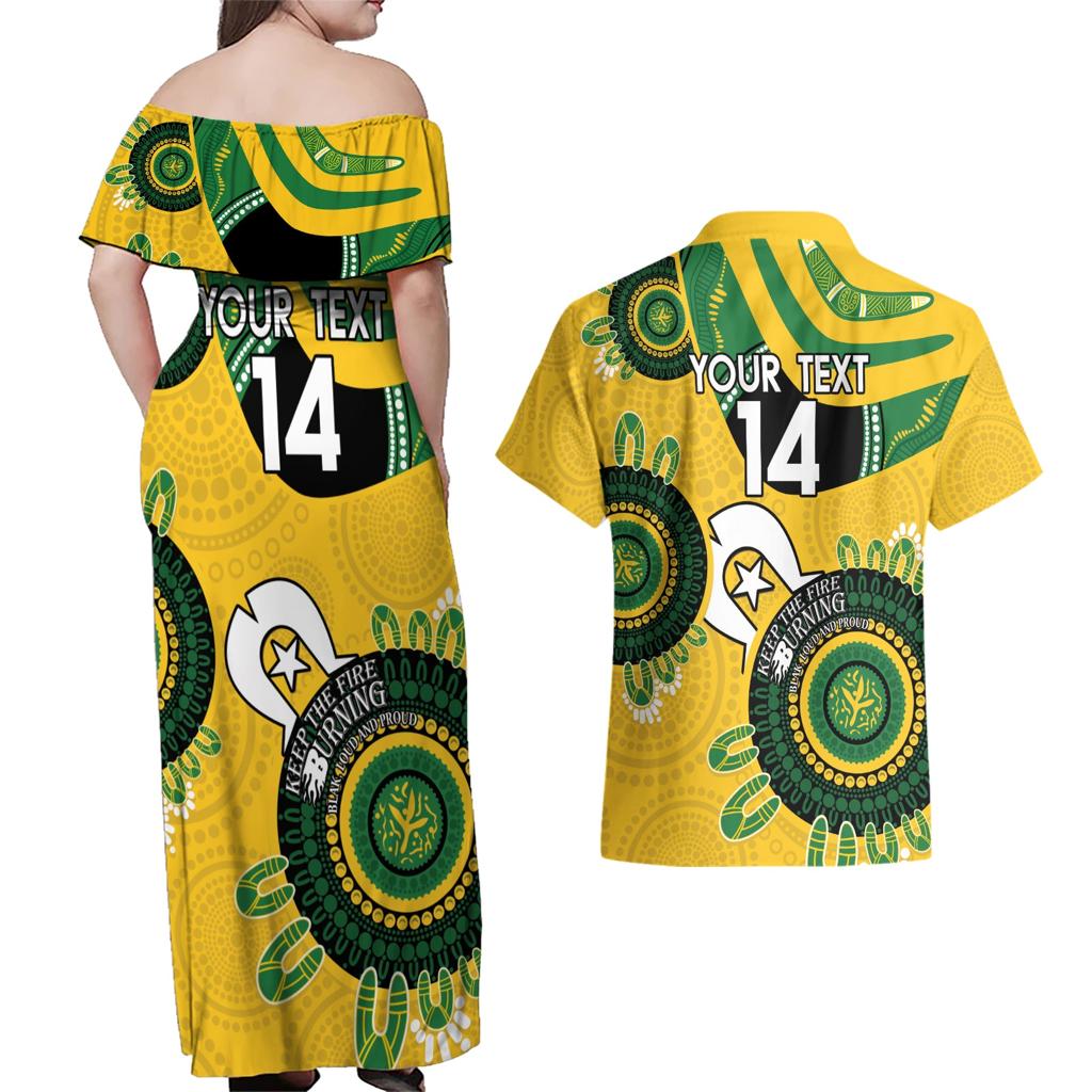 Custom Matildas NAIDOC Week Couples Matching Off Shoulder Maxi Dress and Hawaiian Shirt Australia Kangaroo Keep The Fire Burning - Yellow