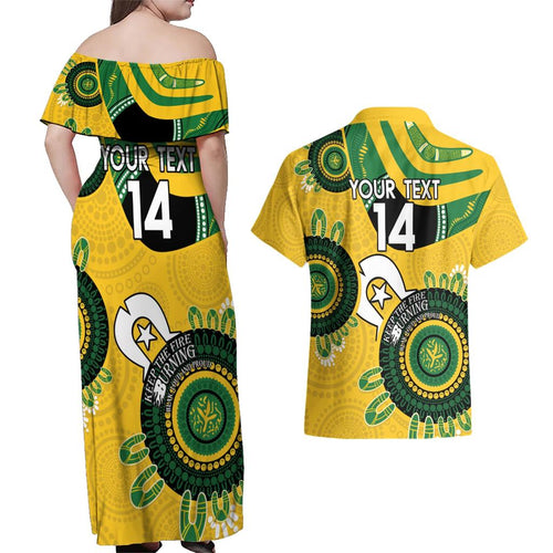 Custom Matildas NAIDOC Week Couples Matching Off Shoulder Maxi Dress and Hawaiian Shirt Australia Kangaroo Keep The Fire Burning - Yellow