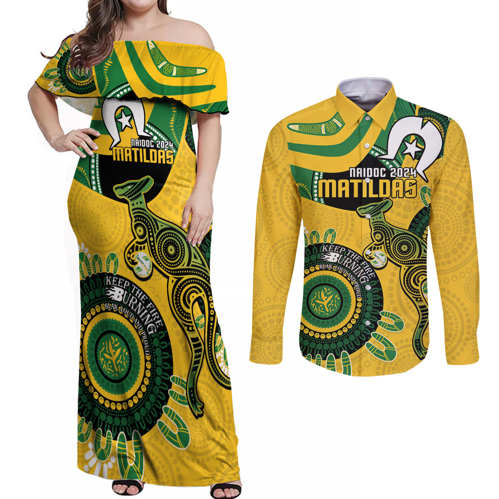 Custom Matildas NAIDOC Week Couples Matching Off Shoulder Maxi Dress and Long Sleeve Button Shirt Australia Kangaroo Keep The Fire Burning - Yellow