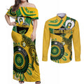 Custom Matildas NAIDOC Week Couples Matching Off Shoulder Maxi Dress and Long Sleeve Button Shirt Australia Kangaroo Keep The Fire Burning - Yellow