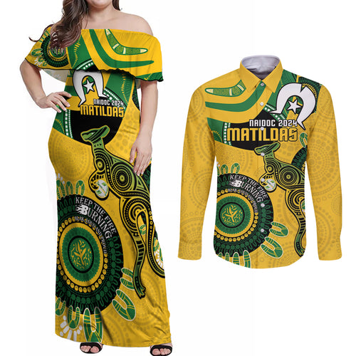Custom Matildas NAIDOC Week Couples Matching Off Shoulder Maxi Dress and Long Sleeve Button Shirt Australia Kangaroo Keep The Fire Burning - Yellow