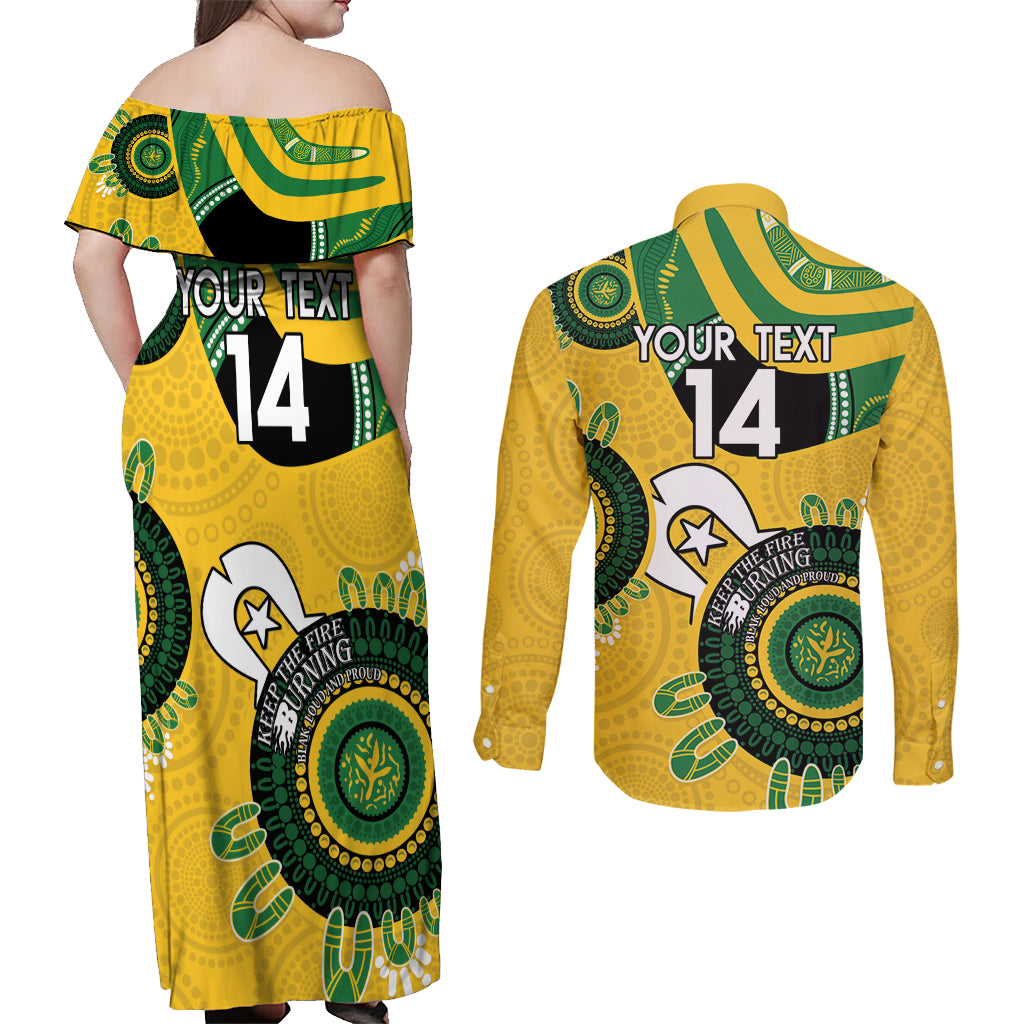 Custom Matildas NAIDOC Week Couples Matching Off Shoulder Maxi Dress and Long Sleeve Button Shirt Australia Kangaroo Keep The Fire Burning - Yellow