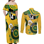 Custom Matildas NAIDOC Week Couples Matching Off Shoulder Maxi Dress and Long Sleeve Button Shirt Australia Kangaroo Keep The Fire Burning - Yellow