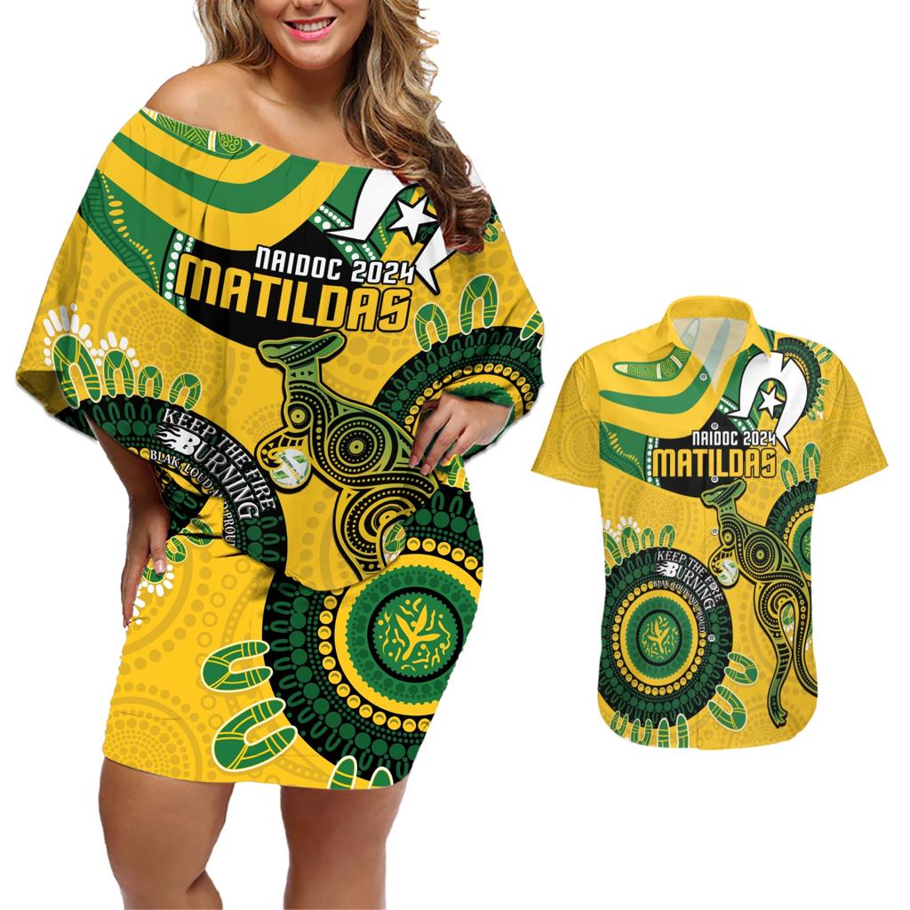 Custom Matildas NAIDOC Week Couples Matching Off Shoulder Short Dress and Hawaiian Shirt Australia Kangaroo Keep The Fire Burning - Yellow