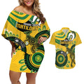 Custom Matildas NAIDOC Week Couples Matching Off Shoulder Short Dress and Hawaiian Shirt Australia Kangaroo Keep The Fire Burning - Yellow