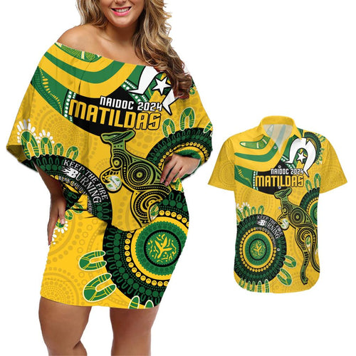 Custom Matildas NAIDOC Week Couples Matching Off Shoulder Short Dress and Hawaiian Shirt Australia Kangaroo Keep The Fire Burning - Yellow