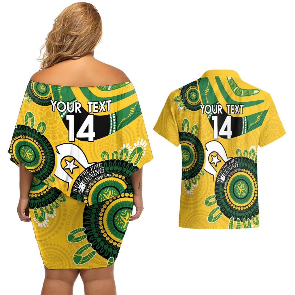 Custom Matildas NAIDOC Week Couples Matching Off Shoulder Short Dress and Hawaiian Shirt Australia Kangaroo Keep The Fire Burning - Yellow