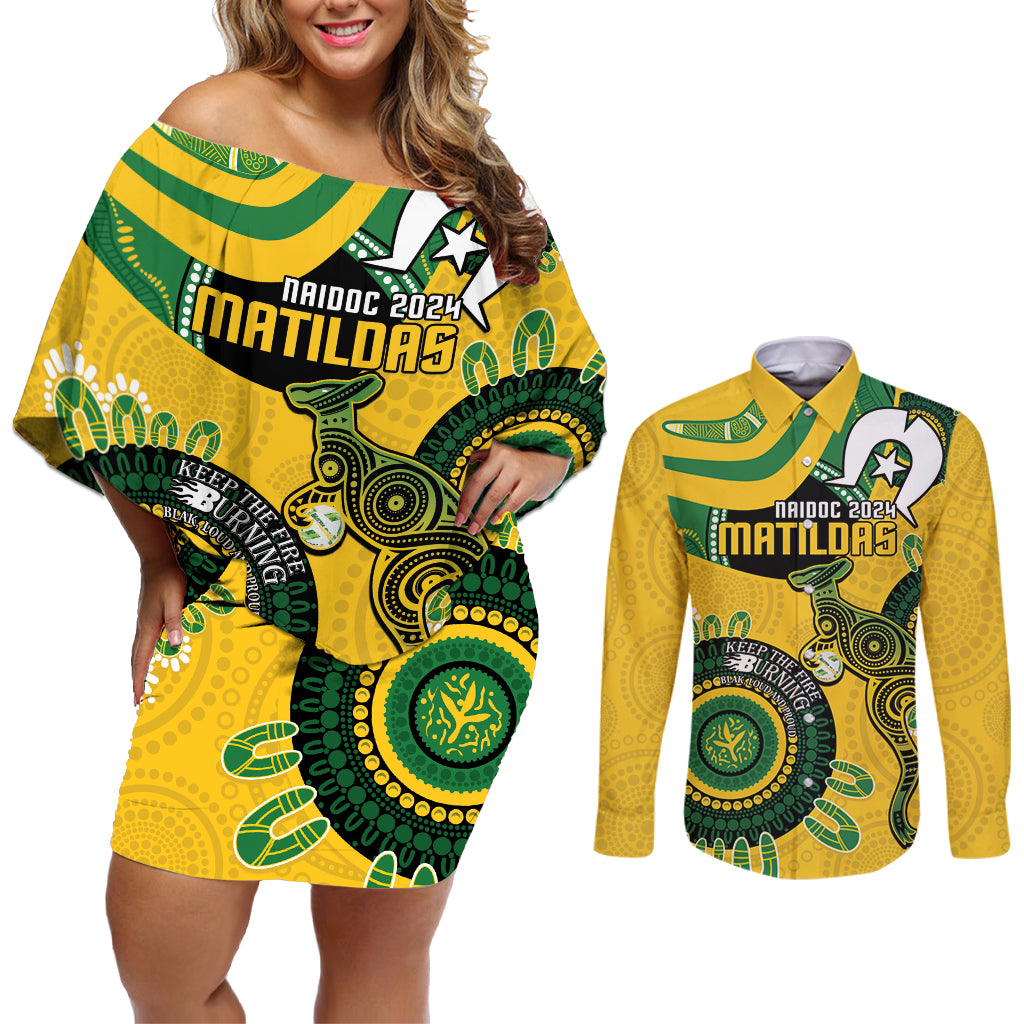 Custom Matildas NAIDOC Week Couples Matching Off Shoulder Short Dress and Long Sleeve Button Shirt Australia Kangaroo Keep The Fire Burning - Yellow