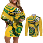 Custom Matildas NAIDOC Week Couples Matching Off Shoulder Short Dress and Long Sleeve Button Shirt Australia Kangaroo Keep The Fire Burning - Yellow