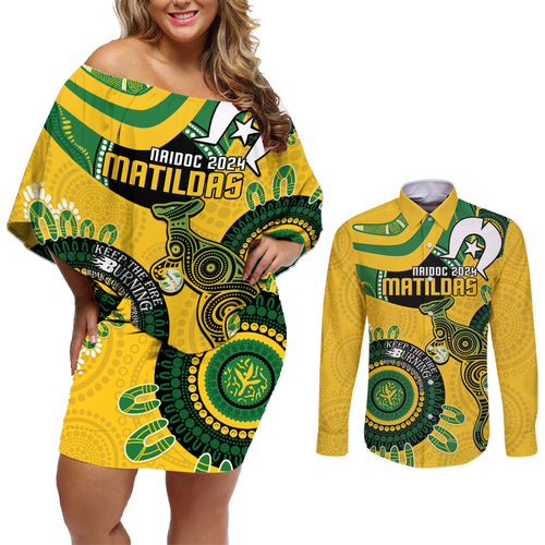 Custom Matildas NAIDOC Week Couples Matching Off Shoulder Short Dress and Long Sleeve Button Shirt Australia Kangaroo Keep The Fire Burning - Yellow