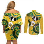 Custom Matildas NAIDOC Week Couples Matching Off Shoulder Short Dress and Long Sleeve Button Shirt Australia Kangaroo Keep The Fire Burning - Yellow