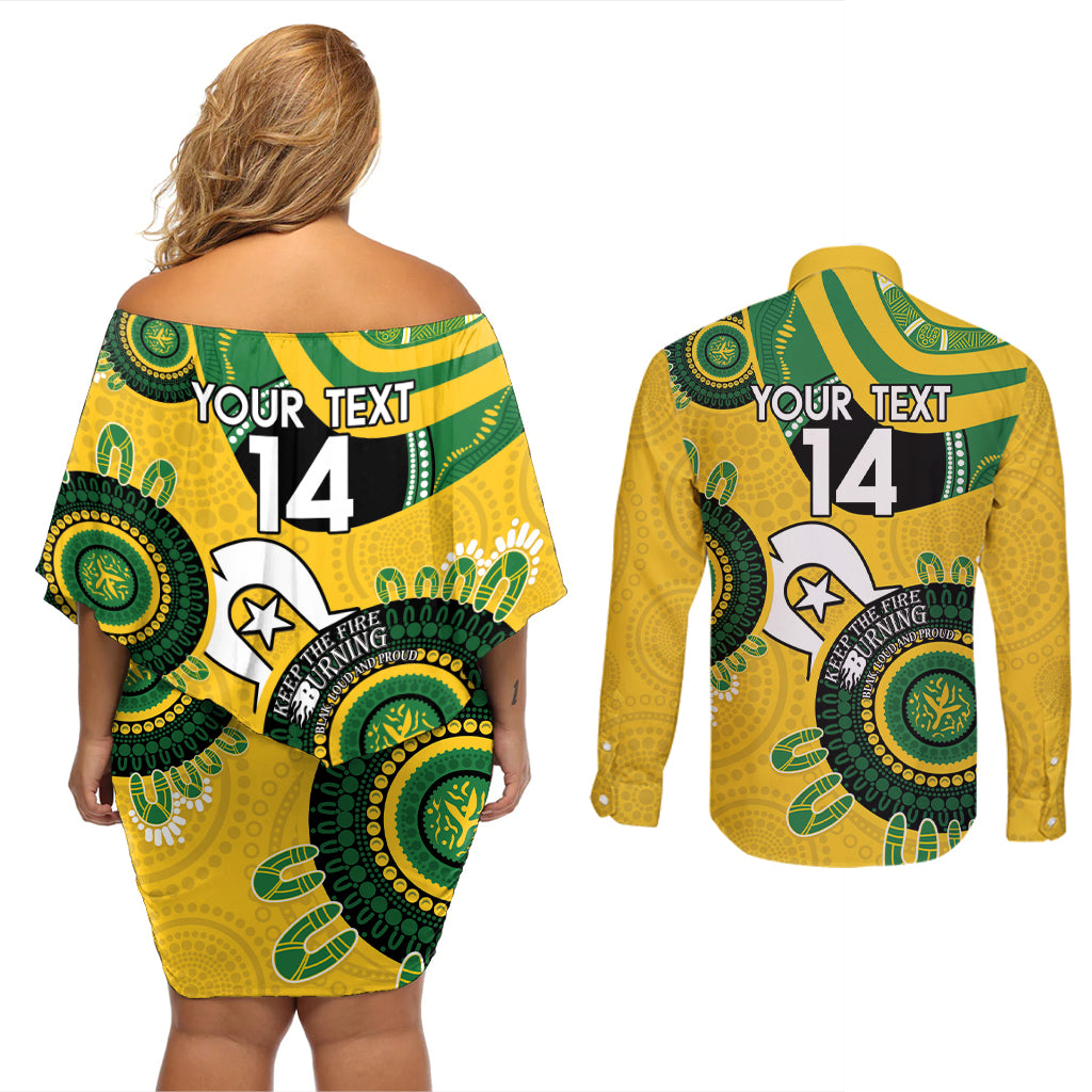 Custom Matildas NAIDOC Week Couples Matching Off Shoulder Short Dress and Long Sleeve Button Shirt Australia Kangaroo Keep The Fire Burning - Yellow