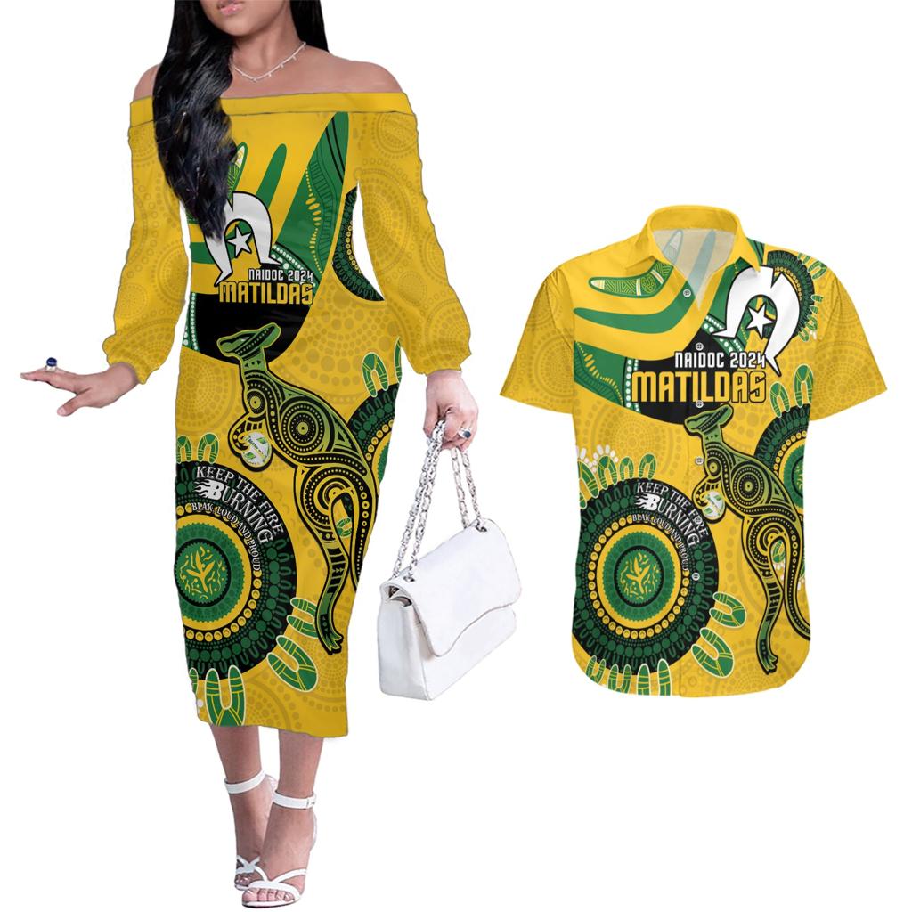 Custom Matildas NAIDOC Week Couples Matching Off The Shoulder Long Sleeve Dress and Hawaiian Shirt Australia Kangaroo Keep The Fire Burning - Yellow