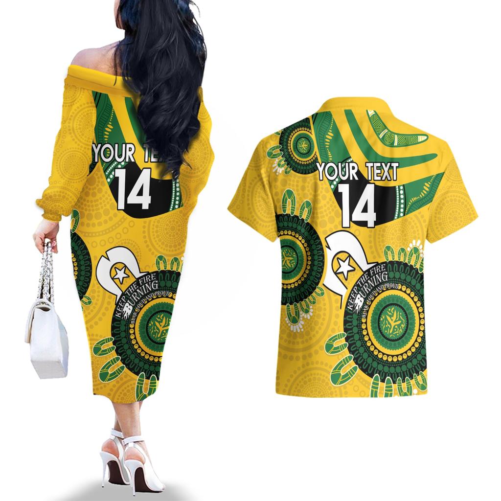 Custom Matildas NAIDOC Week Couples Matching Off The Shoulder Long Sleeve Dress and Hawaiian Shirt Australia Kangaroo Keep The Fire Burning - Yellow