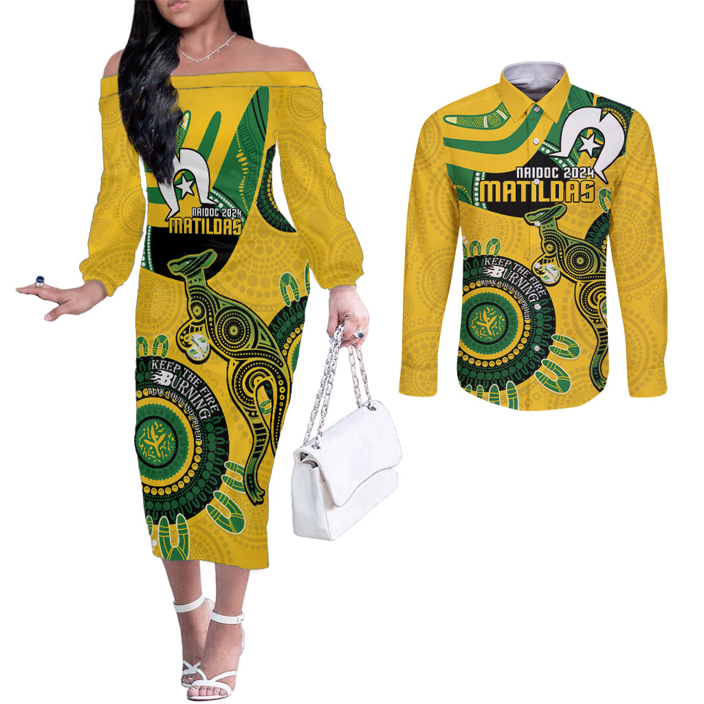 Custom Matildas NAIDOC Week Couples Matching Off The Shoulder Long Sleeve Dress and Long Sleeve Button Shirt Australia Kangaroo Keep The Fire Burning - Yellow