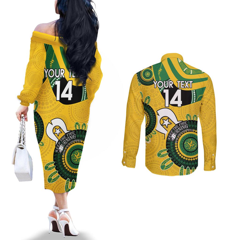 Custom Matildas NAIDOC Week Couples Matching Off The Shoulder Long Sleeve Dress and Long Sleeve Button Shirt Australia Kangaroo Keep The Fire Burning - Yellow