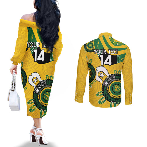 Custom Matildas NAIDOC Week Couples Matching Off The Shoulder Long Sleeve Dress and Long Sleeve Button Shirt Australia Kangaroo Keep The Fire Burning - Yellow
