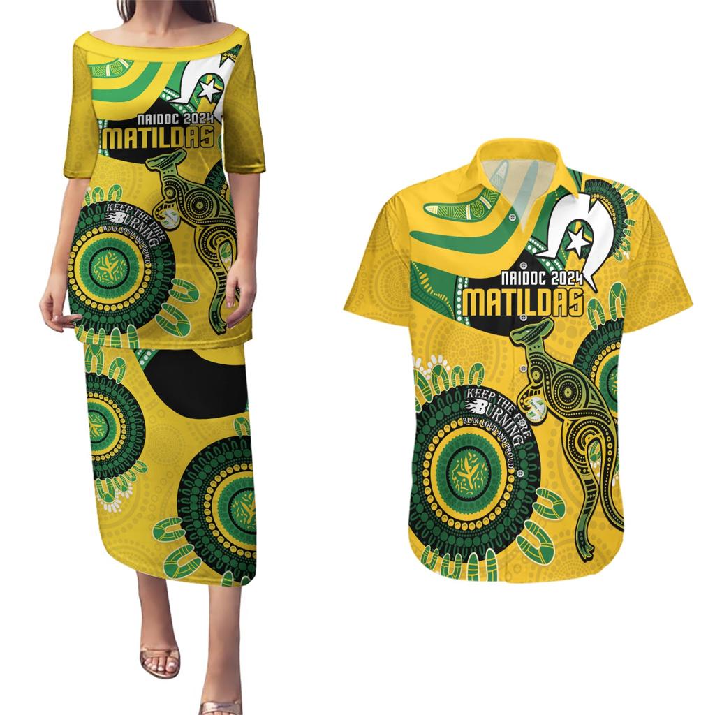 Custom Matildas NAIDOC Week Couples Matching Puletasi and Hawaiian Shirt Australia Kangaroo Keep The Fire Burning - Yellow