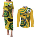 Custom Matildas NAIDOC Week Couples Matching Puletasi and Long Sleeve Button Shirt Australia Kangaroo Keep The Fire Burning - Yellow