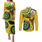 Custom Matildas NAIDOC Week Couples Matching Puletasi and Long Sleeve Button Shirt Australia Kangaroo Keep The Fire Burning - Yellow