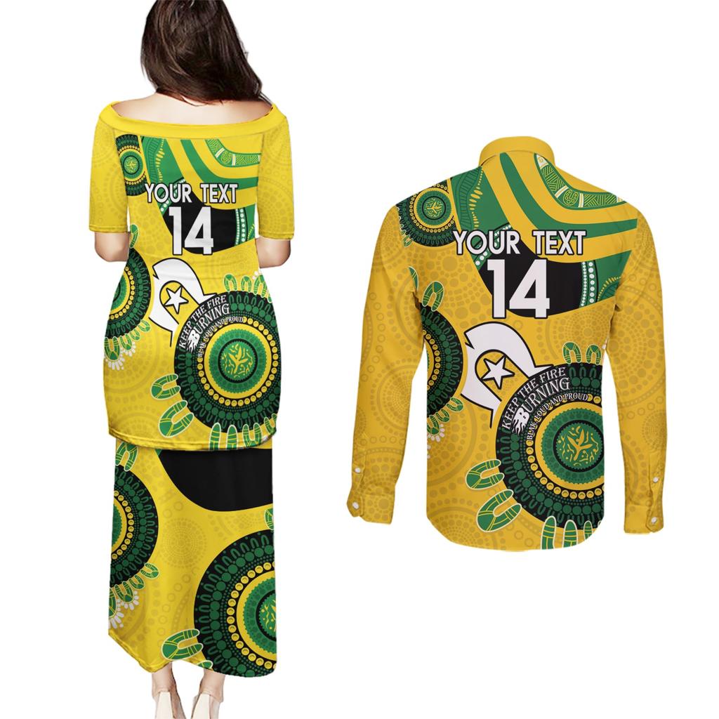 Custom Matildas NAIDOC Week Couples Matching Puletasi and Long Sleeve Button Shirt Australia Kangaroo Keep The Fire Burning - Yellow