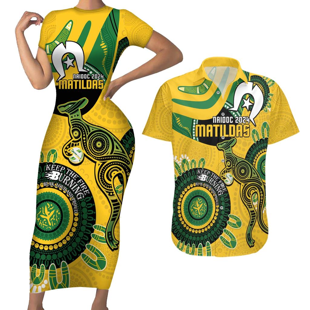 Custom Matildas NAIDOC Week Couples Matching Short Sleeve Bodycon Dress and Hawaiian Shirt Australia Kangaroo Keep The Fire Burning - Yellow