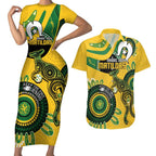 Custom Matildas NAIDOC Week Couples Matching Short Sleeve Bodycon Dress and Hawaiian Shirt Australia Kangaroo Keep The Fire Burning - Yellow