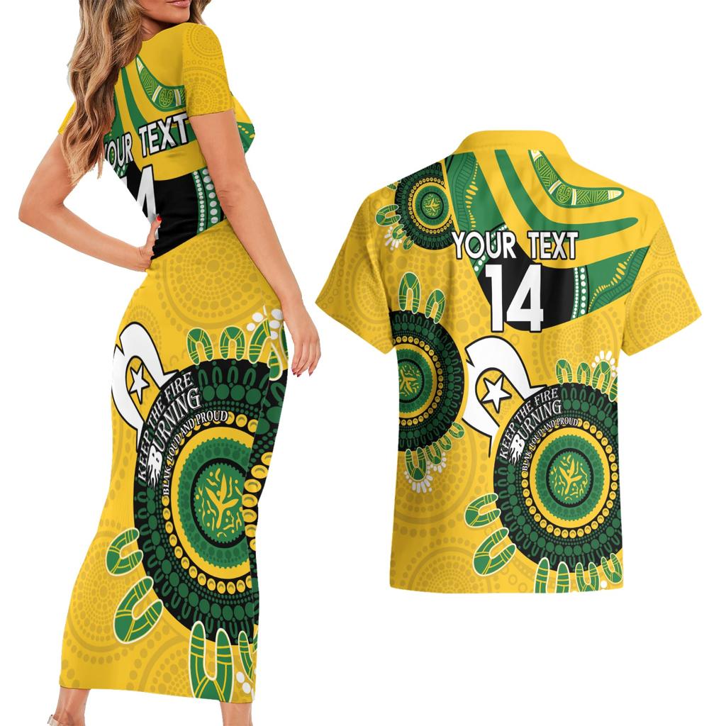Custom Matildas NAIDOC Week Couples Matching Short Sleeve Bodycon Dress and Hawaiian Shirt Australia Kangaroo Keep The Fire Burning - Yellow
