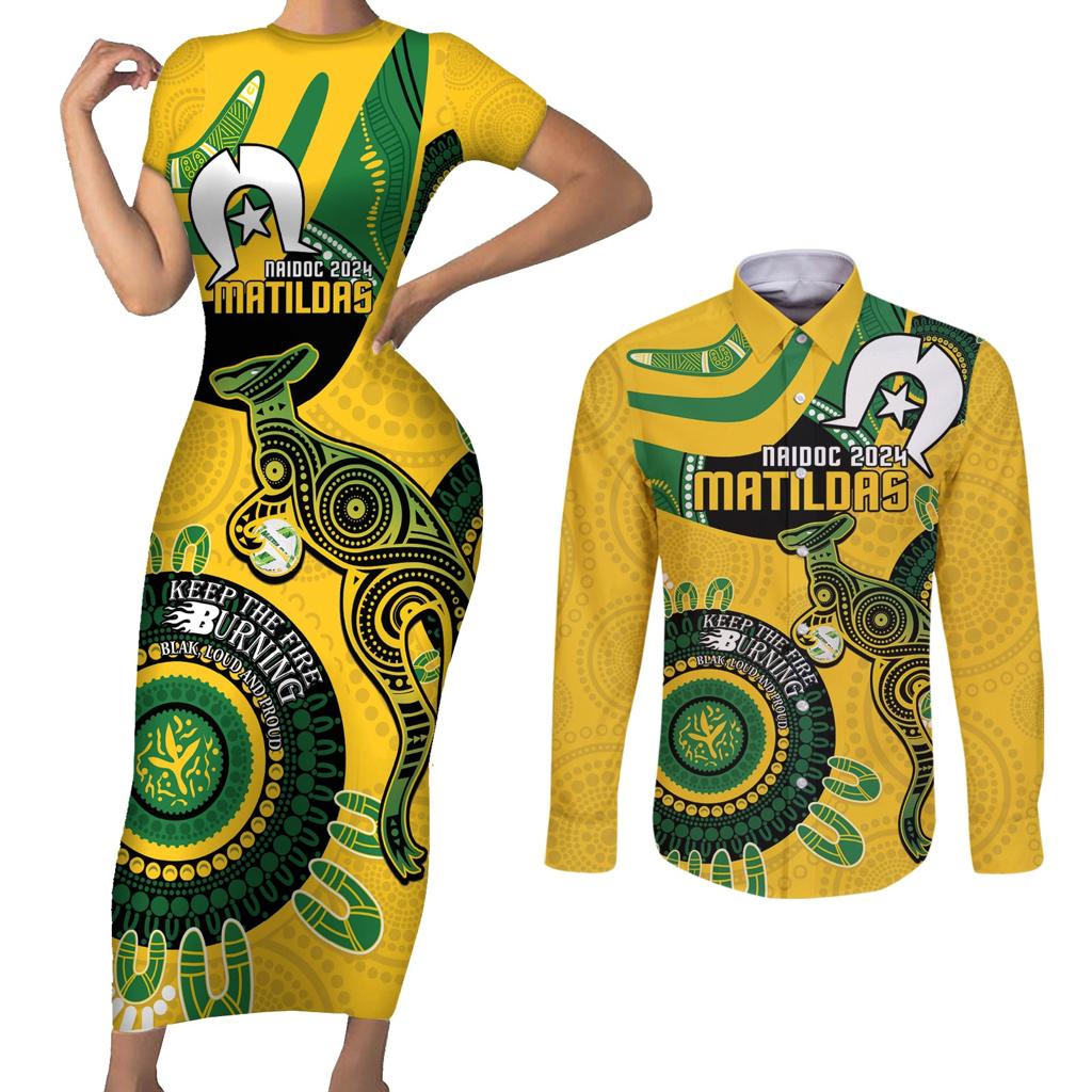 Custom Matildas NAIDOC Week Couples Matching Short Sleeve Bodycon Dress and Long Sleeve Button Shirt Australia Kangaroo Keep The Fire Burning - Yellow