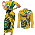 Custom Matildas NAIDOC Week Couples Matching Short Sleeve Bodycon Dress and Long Sleeve Button Shirt Australia Kangaroo Keep The Fire Burning - Yellow
