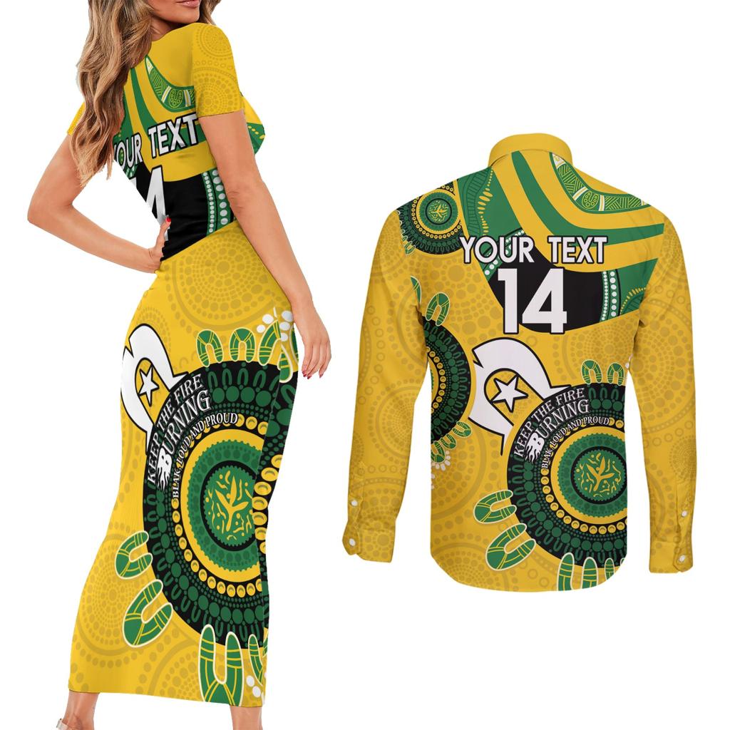 Custom Matildas NAIDOC Week Couples Matching Short Sleeve Bodycon Dress and Long Sleeve Button Shirt Australia Kangaroo Keep The Fire Burning - Yellow