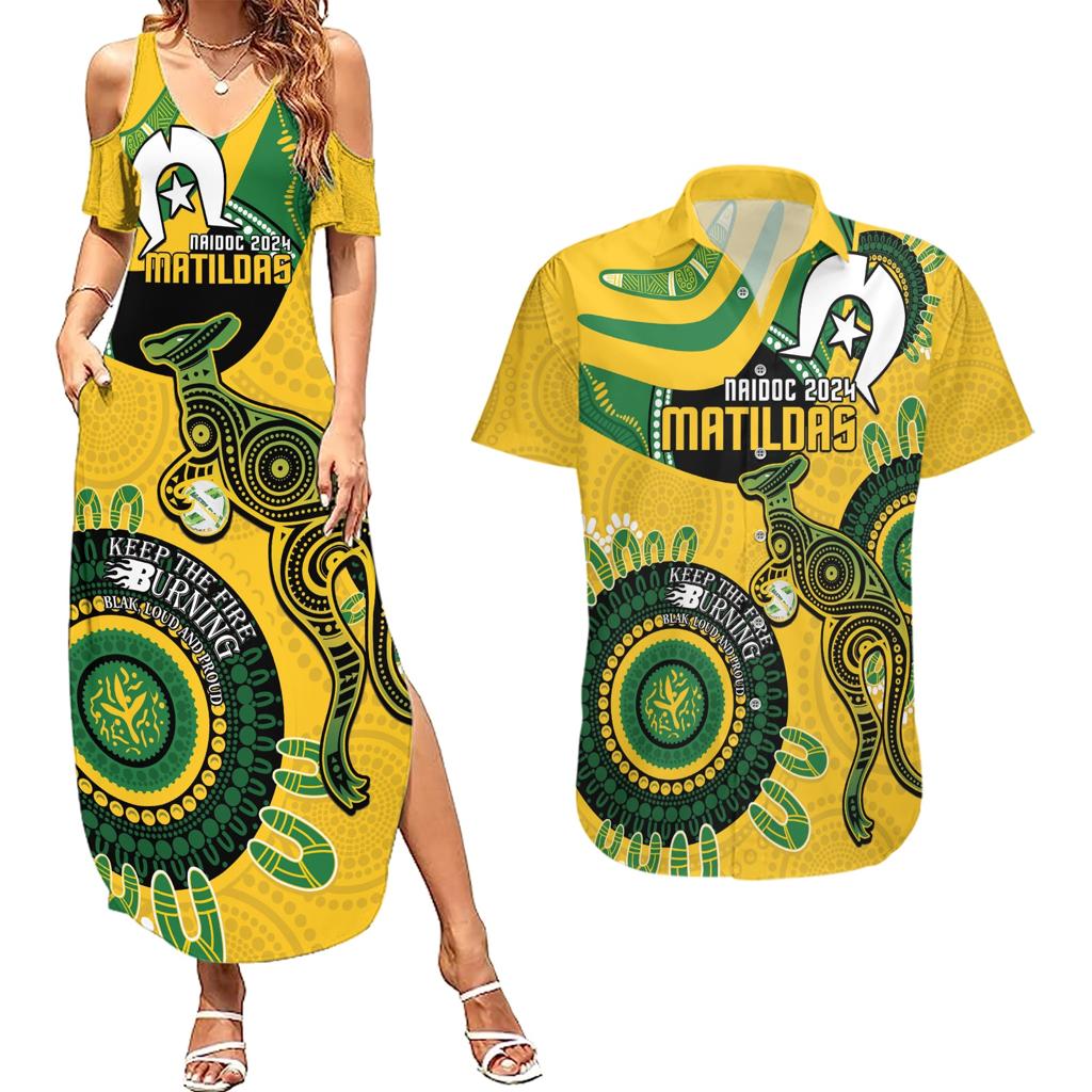 Custom Matildas NAIDOC Week Couples Matching Summer Maxi Dress and Hawaiian Shirt Australia Kangaroo Keep The Fire Burning - Yellow