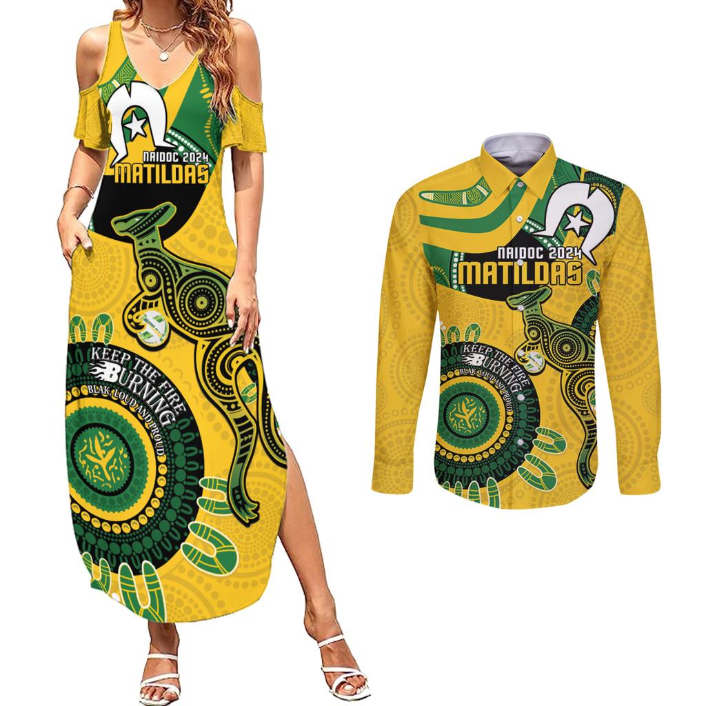 Custom Matildas NAIDOC Week Couples Matching Summer Maxi Dress and Long Sleeve Button Shirt Australia Kangaroo Keep The Fire Burning - Yellow