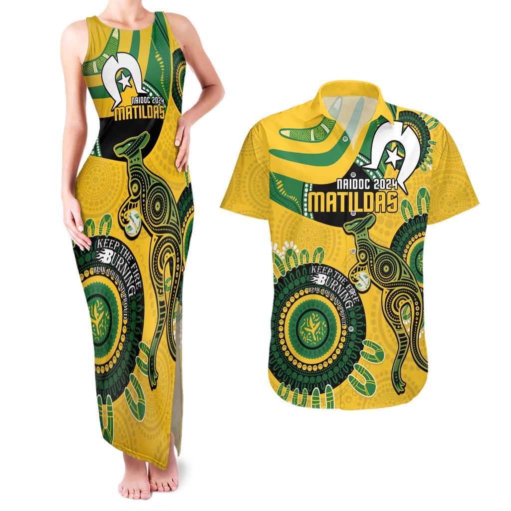 Custom Matildas NAIDOC Week Couples Matching Tank Maxi Dress and Hawaiian Shirt Australia Kangaroo Keep The Fire Burning - Yellow